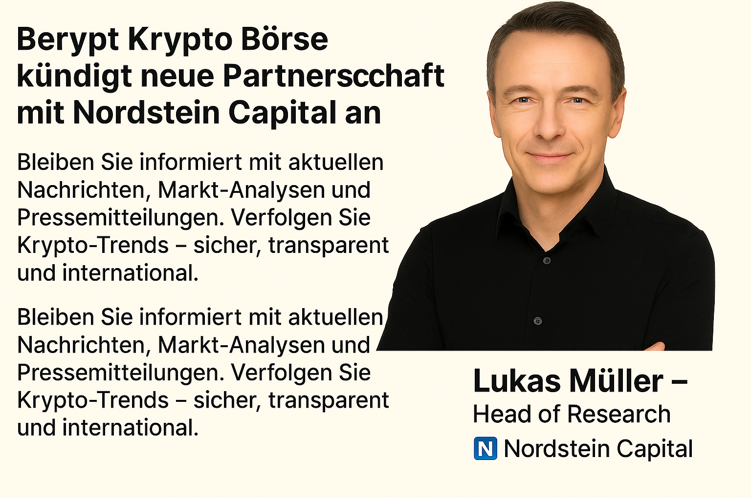 Ankündigung einer neuen Partnerschaft zwischen der Berypt Krypto-Börse und Nordstein Capital, professionelles Porträt eines Research-Experten im Finanzumfeld